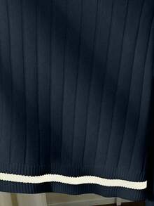 Franclia Áo len dệt kim cổ polo thêu đầu ngựa đơn giản, tay dài, viền tương phản - Màu xanh hải quân - Xem 4