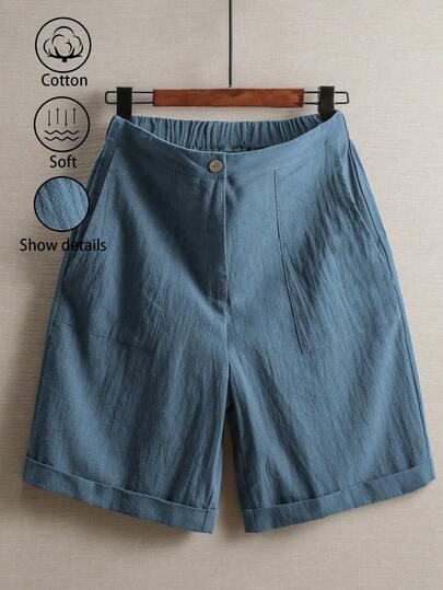 EMERY ROSE Petite Women's Solid Color Elastic Waist Casual Comfortable Breathable Linen Shorts