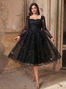 Aureia Plus Size Elegant Luxurious Black Square Neck Long Sleeve Sheer Sequin Patchwork Tulle Puff Dress, Suitable For Weddings, Parties, Celebrations, Formal Occasions, Ballroom (Heavily Embellished Design) - Black - View 4