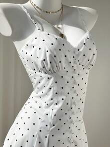 Elamini Polka Dot Camisole Waist Fitted Sexy Mini A-Line Dress - White - View 5