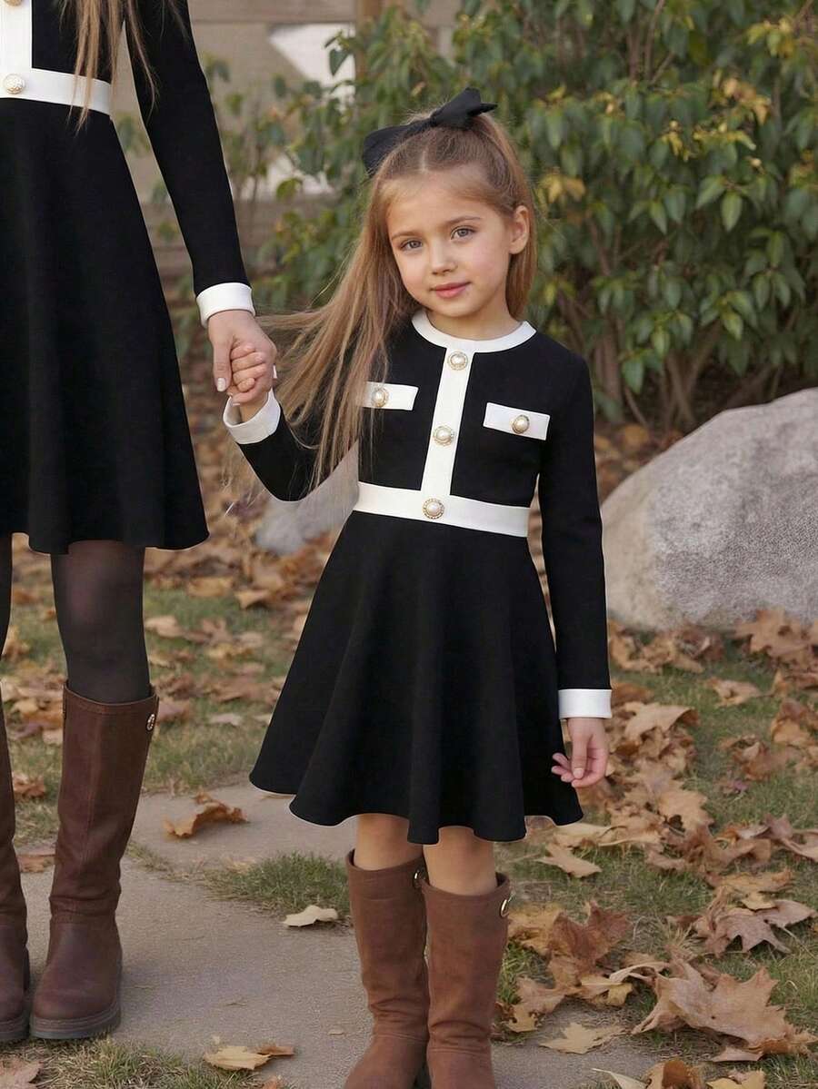 Emery Rose Kids Emery Rose Kids 少女休闲通勤优雅黑白撞色纽扣装饰荷叶边修身长袖连衣裙，秋冬16岁中长款女童连衣裙，少女优雅长袖连衣裙 - 黑與白 - 查看 1