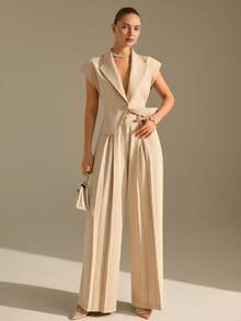 CLARA VERO Beige Sleeveless Blazer And Wide Leg Pants Set: Relaxed Tailored Fit, Perfect For Office Days Or Smart Casual Outings, Made From Soft Non-Elastic Polyester Fabric Featuring Single Covered Button Closure Pant Suit Women Pantsuit For Women Elegant Pant Suit Sleeveless Pant Suit Pant Suits For Woman - Beige - View 6