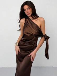Aloruh Elegant Spaghetti Strap Tie-Up Long Satin Dress, Summer - Brown - View 2
