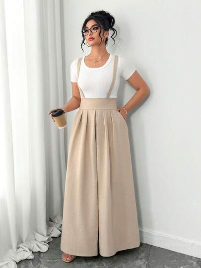 Elenzga Plus Size Linen-Like Textured High Waist Flare Leg Jumpsuit With Pockets, Elegant For Outings, Dates, Gatherings, Versatile Casual Wear, Commute