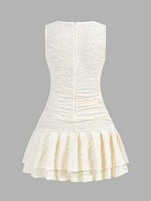 SHEIN Tween Girl Jacquard Textured Fabric Casual Round Neck Sleeveless Side Ruched Tie-Dye Dress - White - View 6