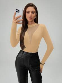 SHEIN Tall 女款時尚透視網紗拼接長袖連身衣，適合高個女性 - 卡其色 - 查看 7