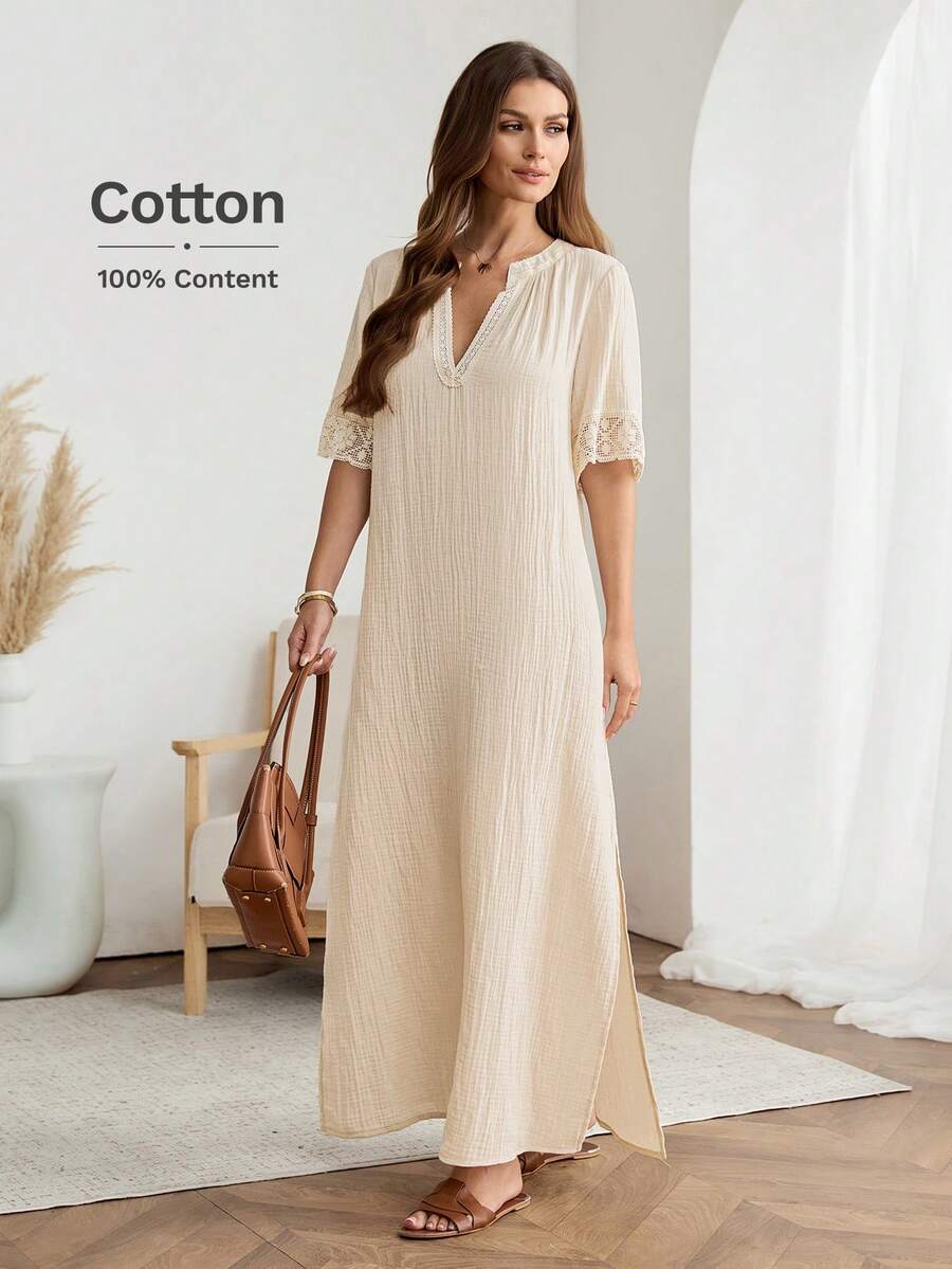 V-Neck Lace Splice High Slit Casual Loose Elegant Commute Vintage Style Dress For Women, Spring/Summer Vacation Boho Sexy Women Clothes Cotton Women's Clothes New In Dresses Cotton Women Dress Long Casual Dresses For Woman Cotton Dresses For Women Spring Dresses For Women Cotton Zanea Dress For Woman Picnic Dresses For Women Resort Dresses For Women - Apricot - View 1