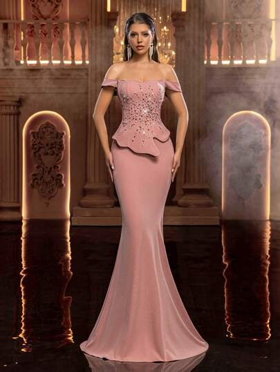 Glamrae Elegantes Seerose-Rosa elastisches Strick-Normaltailliges Schulter Luxuriöses 3D Strass handgenähtes 3D Perlen asymmetrisches Meerjungfrau-Schwanz Design Abendkleid, geeignet für Hochzeiten, Singles-Partys, Dates, Urlaube, Geschäftsgalas