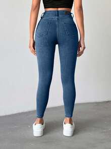 SHEIN Petite High Waist Casual Skinny Jean - Medium Wash - View 2