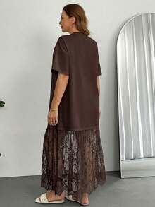 SHEIN Essnce 女士大码长裙，假两件式连衣裙，蕾丝拼接连衣裙，透视连衣裙，白色连衣裙，夏季连衣裙，毕业礼服，生日礼服，节日连衣裙，白色连衣裙，优雅高贵 - 棕色 - 查看 2