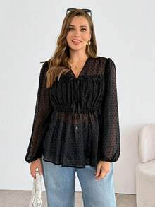 Shapeblank Blouse ample et confortable à pois jacquard transparente à manches longues avec lien, pour femmes grandes tailles, style printemps/été, décontracté, élégant, pour vacances - Noir - Voir 3