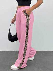 Leopard Trim Belly Detailed Long Wide Leg Black Pants - Baby Pink - View 6