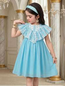 SHEIN Young Girl Casual Ruffle Embroidered Dress - Blue - View 9