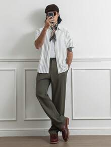 HUEFORM 男士复古修身直筒裤，休闲商务宽松长裤，基础通勤西装裤 - 橄欖綠 - 查看 3