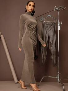 Silquee High Neck Solid Bodycon Dress - Mocha Brown - View 3