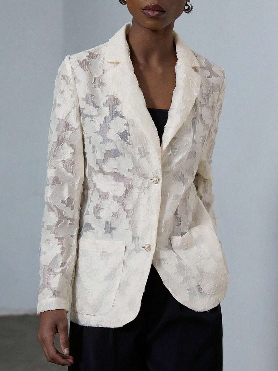 Aveloria Modichic Jacquard Fabric, Urban Commuting Style, Straight-Fit Design On The Front, Women's Sheer Coat With Pearl Buttons, Women's Coat - White - View 1