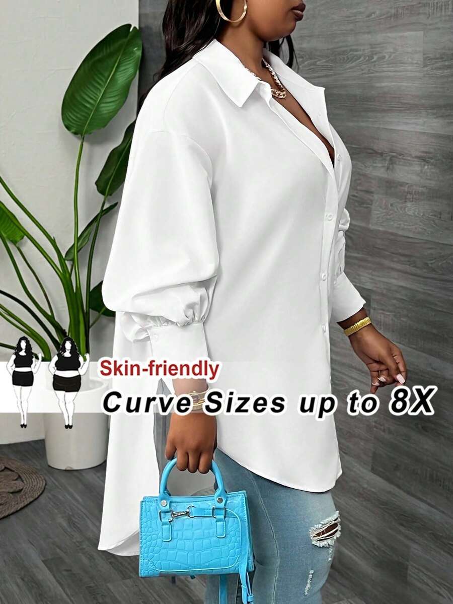 SHEIN CURVE+ 加大码白色长袖灯笼袖衬衫,春季 - 白色 - 查看 1
