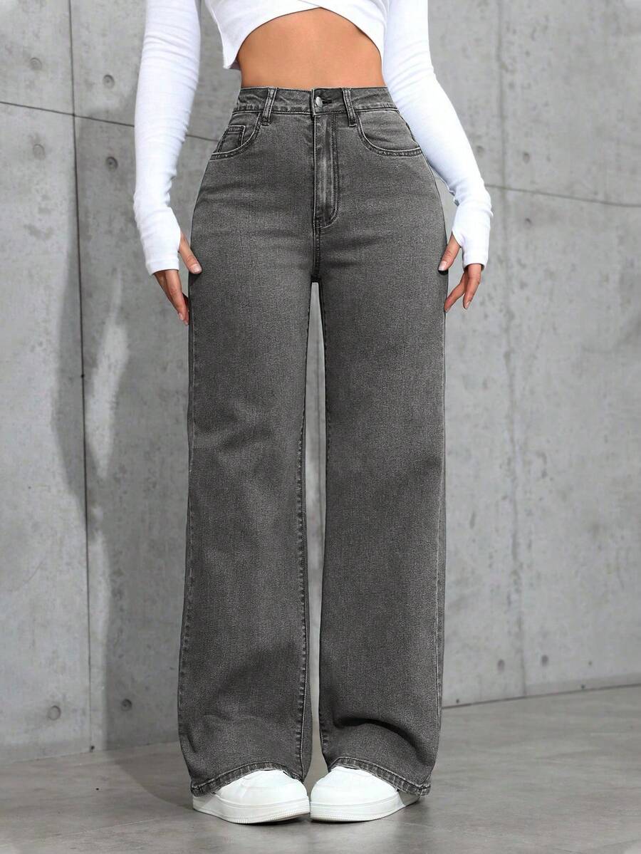 SHEIN PETITE Women's Mid-Rise Straight Leg Casual Loose Fit Jeans - Grey - View 1