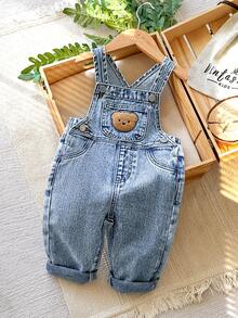 Baby Boys' Fashion Bear Patch Denim Bib Pants - Medium Wash - View 7