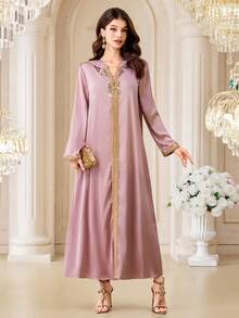 Yasmyna Women's Elegant Long Sleeve Hooded Abaya With Ribbon Trim - Dusty Pink - View 7
