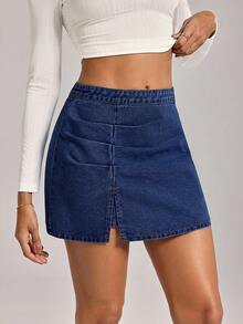 SHEIN Tall Women's Solid Color Draped Slit Casual Denim Skirt - Dark Wash - View 5