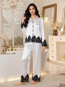 Elegantes asymmetrisches Rüschen-Saum Kontrast-Farben Kragen Cardigan & Hose Schlafanzug Set für Damen - Weiss - Übersicht 4