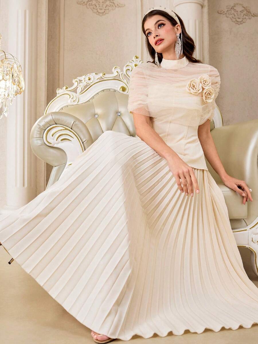 Modelyn Conjunto de 2 piezas de top de malla con decoración floral 3D y falda plisada elegante para fiesta de mujer - Albaricoque - Ver 1