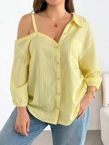 SHEIN Essnce 大码女装春夏时尚休闲宽松舒适日常百搭显瘦黄色纽扣衬衫，春季简约风，欧洲夏季黄色衬衫，春夏圣帕特里克节女式优雅复活节衬衫 - 淡黃色 - 查看 6