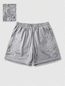 Essentials Quần short nam mùa hè, phong cách thường ngày, thời trang đường phố, thêu họa tiết ngọc trai giả, cạp chun có dây rút. - Màu Xám nhạt - Xem 1