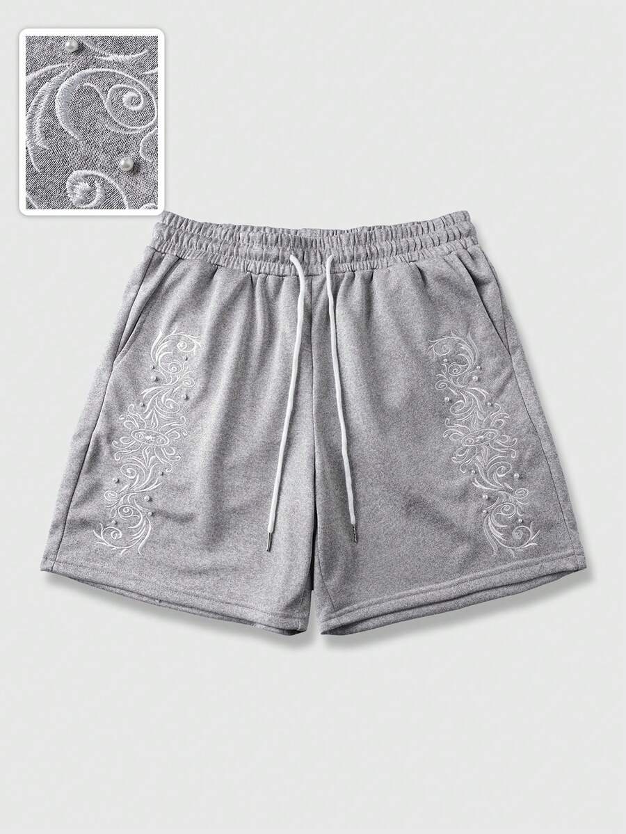 Essentials Quần short nam mùa hè, phong cách thường ngày, thời trang đường phố, thêu họa tiết ngọc trai giả, cạp chun có dây rút. - Màu Xám nhạt - Xem 1