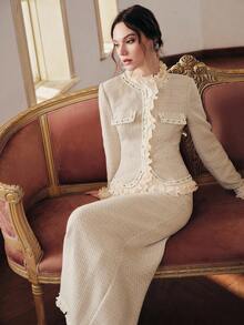 Anewsta 女士荷叶边拼接优雅上衣和半裙两件套 - 杏色 - 查看 6