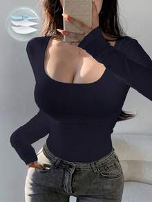 DAZY Women's Casual Everyday Commute Simple Solid Color Scoop Neck Long Sleeve Fitted T-Shirt, Spring/Autumn - Navy Blue - View 1