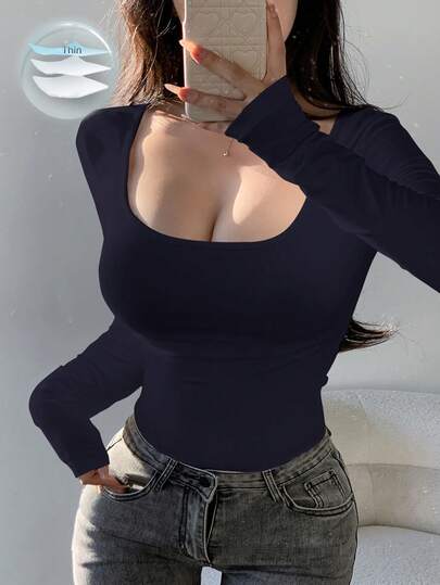 DAZY Women's Casual Everyday Commute Simple Solid Color Scoop Neck Long Sleeve Fitted T-Shirt, Spring/Autumn