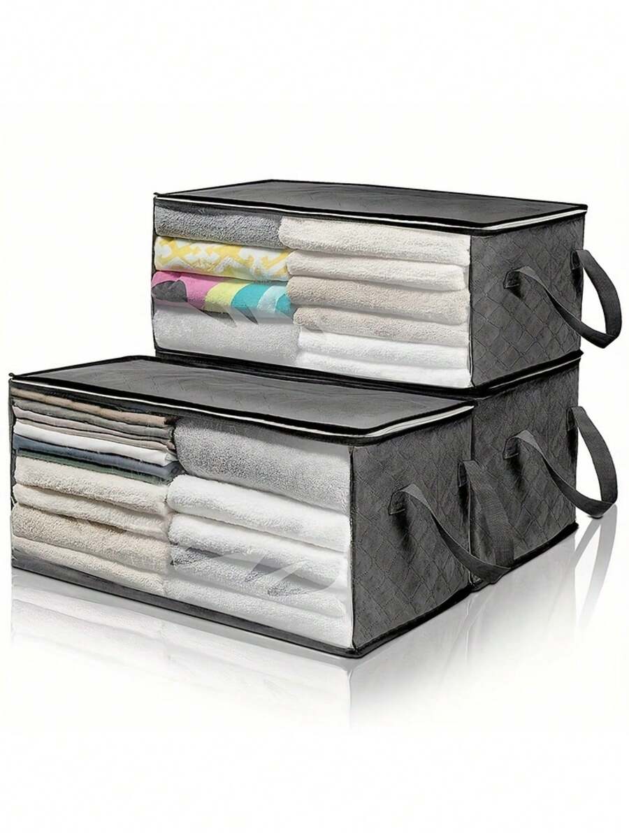 3 PIEZAS Caja de almacenamiento plegable con ventana transparente y asa resistente, organizador de tela plegable para ropa, ropa de cama, almohadas, mantas, juguetes, gran capacidad para armario, dormitorio, hogar, diseño apilable duradero - Multicolor - Ver 1