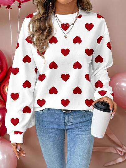 SHEIN LUNE Casual Retro Elegant Commute Versatile Warm Valentine's Day Couple Outfit Red & White Small Heart Print Pattern, Comfortable Loose Fit Crew Neck Long Sleeve Sweatshirt For Women, Suitable For Autumn/Winter