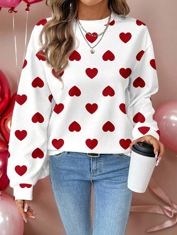 SHEIN LUNE Casual Retro Elegant Commute Versatile Warm Valentine's Day Couple Outfit Red & White Small Heart Print Pattern, Comfortable Loose Fit Crew Neck Long Sleeve Sweatshirt For Women, Suitable For Autumn/Winter