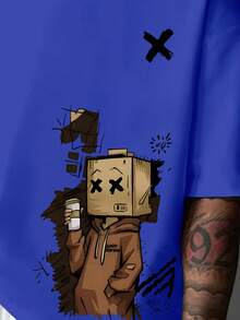 Manfinity Dauomo 男士休闲时尚街头日常通勤卡通印花宽松T恤，夏季 - 藍色 - 查看 4