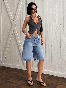 EURMUSE Quần short denim nữ thời trang, dáng casual, có túi xéo, thích hợp cho mùa hè. - Rửa trung bình - Xem 6