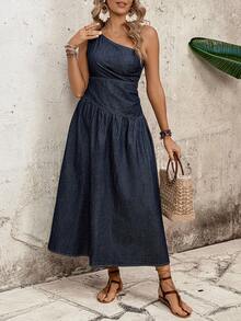 EMERY ROSE Women's Vacation Sleeveless Ruched Casual Denim Dress,Valentine's Day,Summer,Carnival,Beach,Party,Elegant Party Dress,Going Out,One Shoulder Dress,Cinched Waist A-Line Dress,Dark Wash Denim,French Style Denim Dress,French Chic,Quiet Luxury Dress,Office Chic Dress,Date Night Dress,Afternoon Tea Outfit,Feminine Chic,Spring Summer Dress,Vacation Dress,Weekend Outfit,One Shoulder Denim Dress,Dark Wash A-Line Denim Dress,French Cinched Waist Denim Dress,Elegant Denim Dress,Work To Date Denim Dress - Blue - View 6