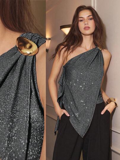 Maija Women's Asymmetric Hem Metal Decor One Shoulder Casual Blouse, Fashionable For Dates And Outings