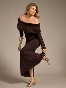 Auralis Plus Size Women's New Elegant Faux Fur Collar Patchwork Long Sleeve Fit & Flare Maxi Dress, Suitable For Valentine's Day, Concerts, Performances, Dates, Formal Dinners, Galas, Weddings, Sexy & Romantic Mermaid Style, Birthday Party - Brown - View 4