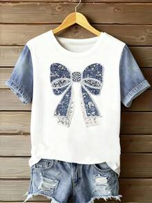 EMERY ROSE Women's Casual Round Neck Bow Decor Short Sleeve T-Shirt, Summer - Multicolor - View 3