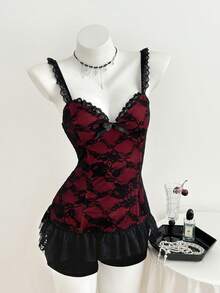 Elamini Áo hai dây nơ viền ren thanh lịch dành cho nữ - màu đen - Xem 4