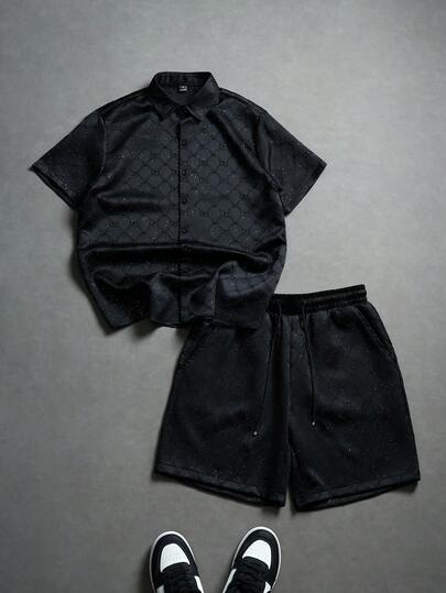 PAVTROS Men's Polo Collar Single-Breasted Diamond Plaid Short Sleeve Shirt Top And Drawstring Waist Shorts Casual Outfit