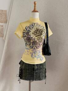 Attitoon Áo thun nữ dáng ôm, cổ cao, vai thẳng, tay ngắn, phong cách retro punk Y2K đa năng, thích hợp cho tiệc tùng hoặc sân bay. Họa tiết in loang màu sắc sặc sỡ, thoải mái cho mùa xuân/hè. - Nhiều màu - Xem 3