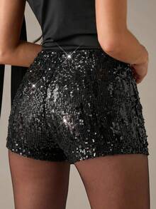SHEIN BAE Women's Solid Color Sequin Shorts, Suitable For Glamorous Party Occasions - Black - View 2