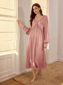 MOTF PREMIUM FLORAL EMBROIDERY RUFFLE TRIM SLEEP DRESS - Dusty Pink - View 5