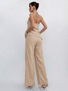 Aloruh Conjunto de top sin espalda de cuello halter casual de verano + pantalones largos - Caqui - Ver 2