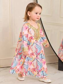 SHEIN Young Girl Woven Geometric Pattern V-Neck Loose Casual Dress - Multicolor - View 3