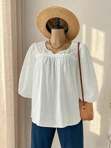 Rusticease Plus Size Women's Summer Boho White Blouse,100% Cotton Eyelet Embroidered Notched Collar Loose Fit Top,Casual Vacation Holiday Daily Wear - White - View 9
